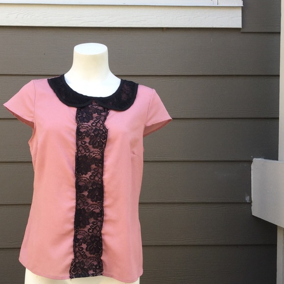 Lily White Pink Blouse with Black Lace - Picture 4 of 10
